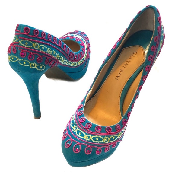 Gianni Bini Blue Suede Embroidered Stiletto Pumps - Picture 2 of 6